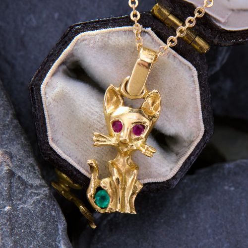 Whimsical Cat Pendant Necklace 18K & 14K Yellow Gold