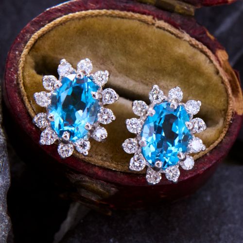Striking Blue Topaz & Diamond Halo Earrings 14K White Gold