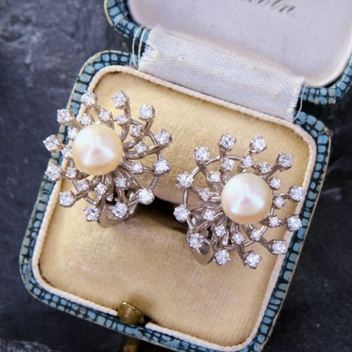 Celestial Diamond Burst Pearl Earrings 14K White Gold