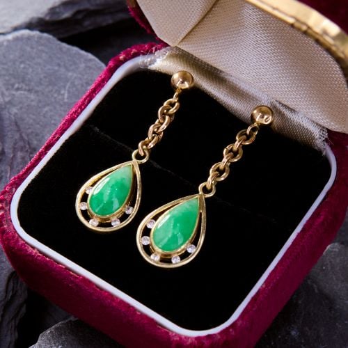 Jade Dangle Earrings w/ Diamonds 14K Yellow Gold