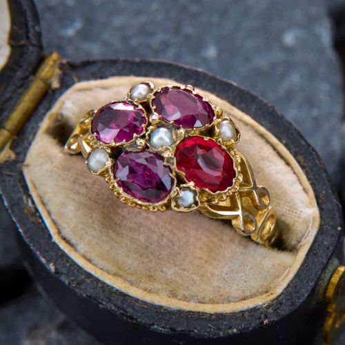 Antique Seed Pearl & Garnet Ring Yellow Gold