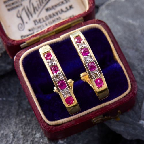 Ruby & Diamond Hoop Earrings 14K Yellow Gold