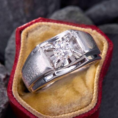 Dapper Vintage Mens Diamond Ring 14K White Gold
