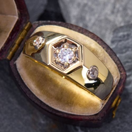 Hexagonal Mens Diamond Ring 14K Yellow Gold