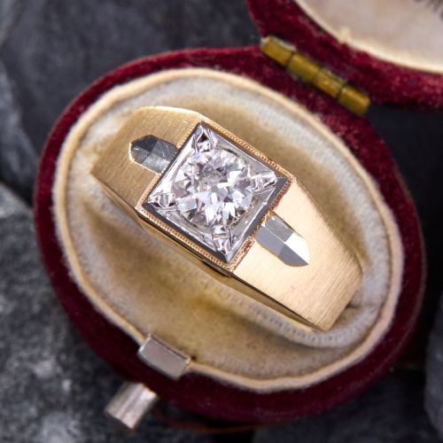Vintage Textured Mens Old Euro Diamond Ring 14K Gold
