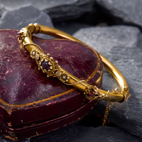 Vintage Garnet & Pearl Bangle Bracelet 14K Yellow Gold