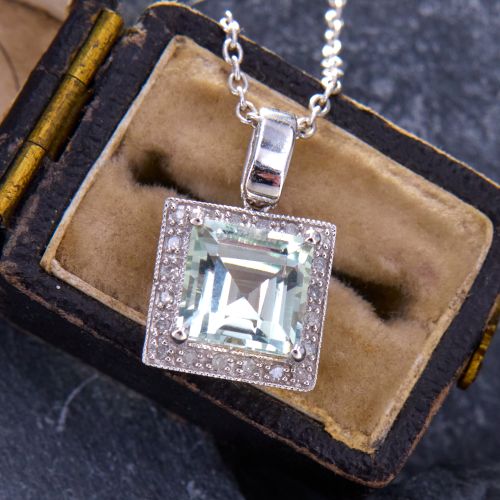 Diamond & Green Prasiolite Quartz Pendant Necklace 14K White Gold
