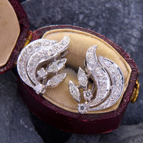 Elegant Circa 1950s Diamond Earrings 14K White Gold