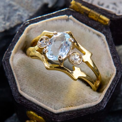 Handcrafted Aquamarine & Diamond Ring 18K Yellow Gold