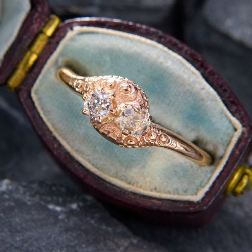 Dainty Toi et Moi Old Mine Cut Diamond Ring 8K Rosy Yellow Gold