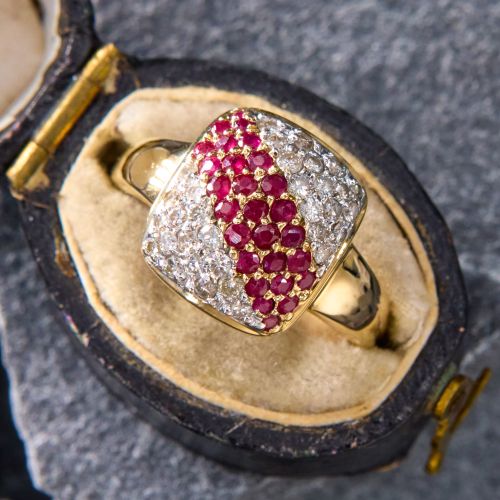 Diamond & Ruby Stripe Ring 14k Yellow Gold