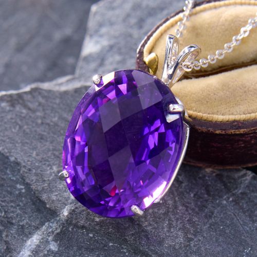 Sizable Lab Created Amethyst Pendant Necklace 14K White Gold