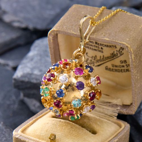 Vintage Sputnik Gemstone Pendant Necklace 14K Yellow Gold
