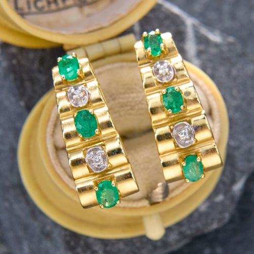 Vintage Ribbed Emerald & Diamond Earrings 14K Yellow Gold