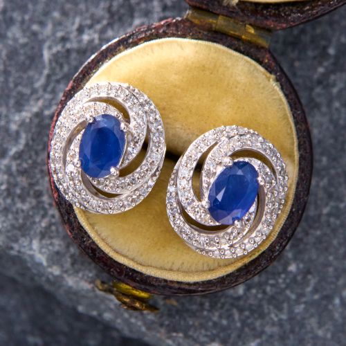 Sapphire Spiral Motif Earrings 14K White Gold