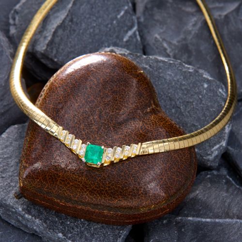 Emerald & Diamond Omega Necklace 14K Two Tone Gold