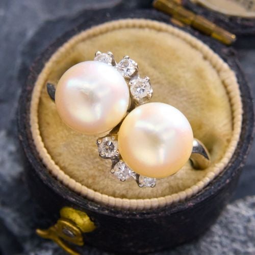 Glamorous Twin Pearl & Diamond Ring 14K White Gold