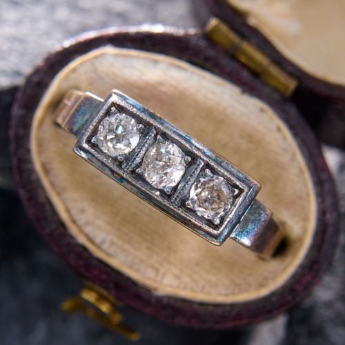 Antique Old European Cut Three Stone Diamond Ring 14K Yellow Gold