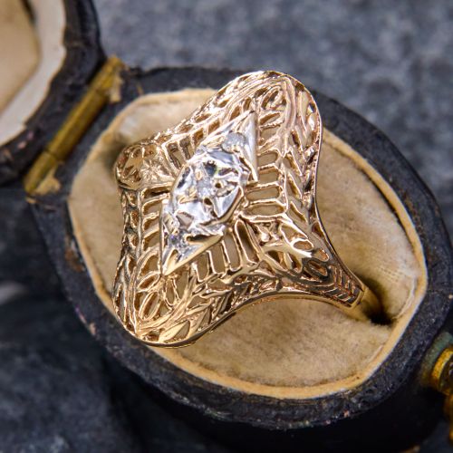 Detailed Filigree Diamond Ring Yellow & White Gold
