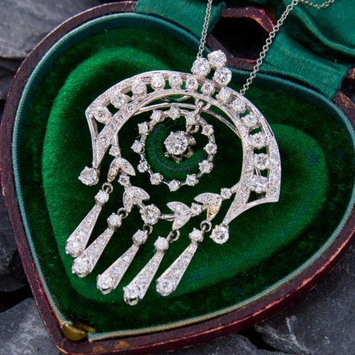 Intricate Diamond Brooch Pendant Necklace 14K & 18K White Gold