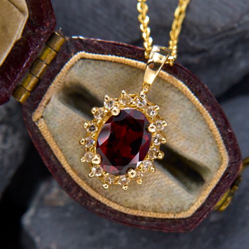 Oval Garnet & Diamond Pendant Necklace Yellow Gold