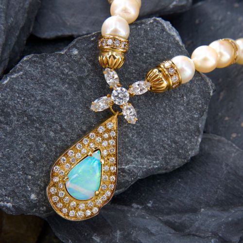 Divine Pearl & Opal Pendant Necklace 14K Yellow Gold