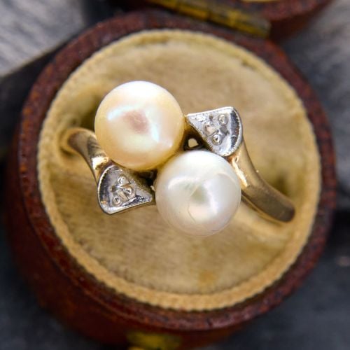 Vintage Twin Pearl Bypass Ring Two Tone Gold