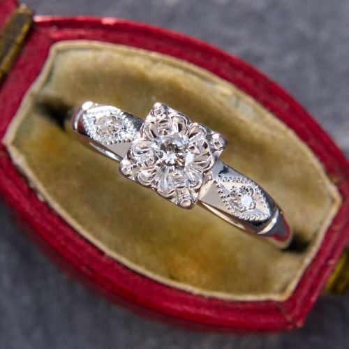 Ornate Vintage Diamond Engagement Ring 14K White Gold .10Ct J/VS2