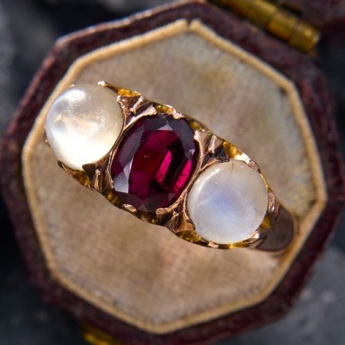Vintage English Garnet & Moonstone Ring 9K Rose Gold