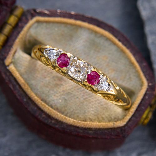Engraved Old Diamond & Ruby Boat Ring 18K Yellow Gold
