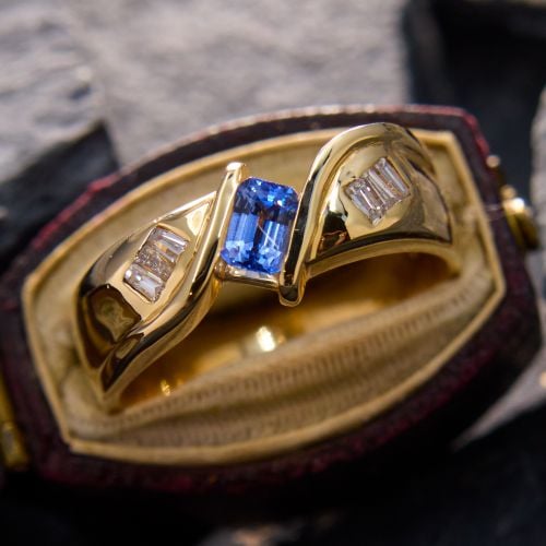 Emerald Cut Sapphire & Diamond Mens Ring 14K Yellow Gold 