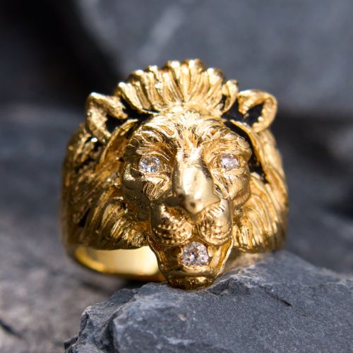 Fierce Mens Lion Diamond Ring 14K Yellow Gold