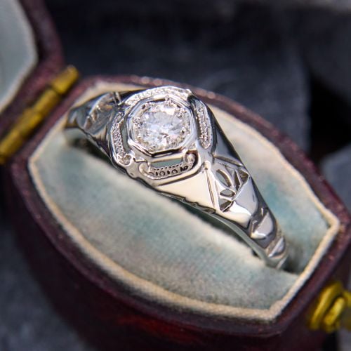 Art Deco Filigree Diamond Ring 18K White Gold .10Ct J/I1