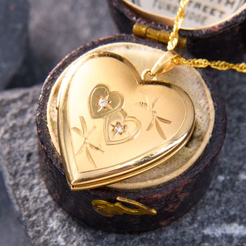 Sentimental Diamond Heart Locket Necklace 14K Yellow Gold