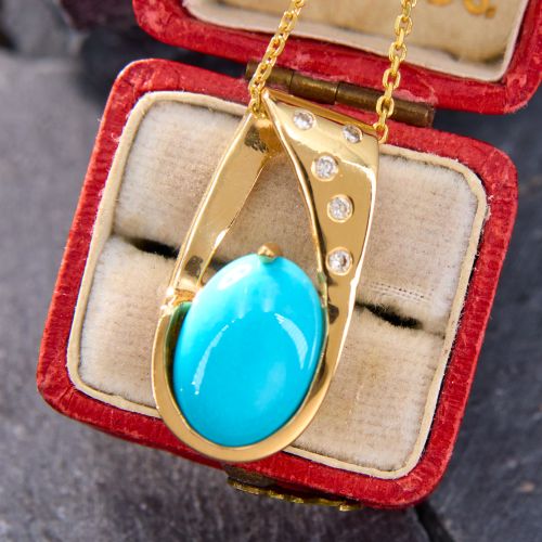 Bright Turquoise Pendant Necklace 14K Yellow Gold
