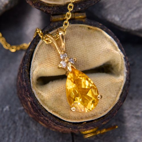 Diamond & Pear Cut Citrine Pendant Necklace 14K Yellow Gold