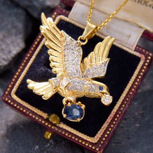 Sapphire & Diamond Flying Eagle Pendant Necklace 14K Yellow Gold