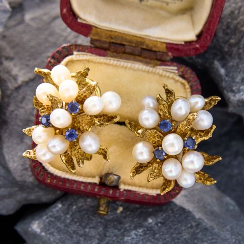 Naturalistic Pearl Sapphire Earrings 14K Yellow Gold