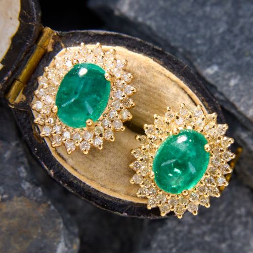 Glamorous Diamond & Emerald Earrings 14K Yellow Gold