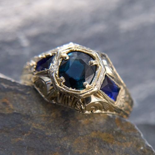 Circa 1930s Mens Sapphire Ring 18K White Gold