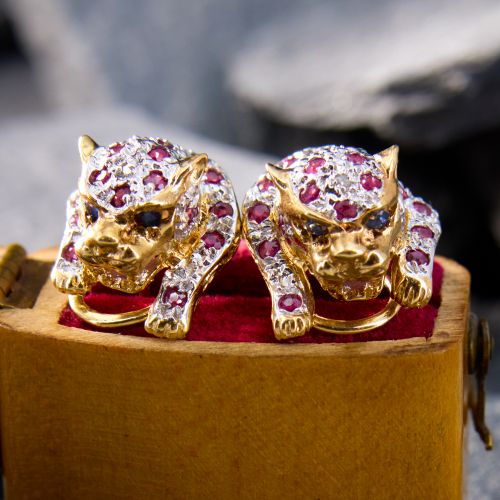 Leopard Ruby & Diamond Earrings 14k Two Tone Gold