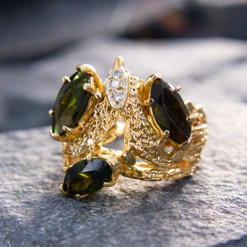 Marquise Tourmaline Textured Cluster Ring 14K Yellow Gold