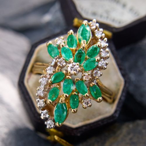 Elongated Floral Emerald Diamond Cluster Ring 14K Yellow Gold