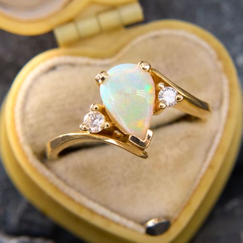 Sleek Australian Opal & Diamond Bypass Ring 14K Yellow Gold