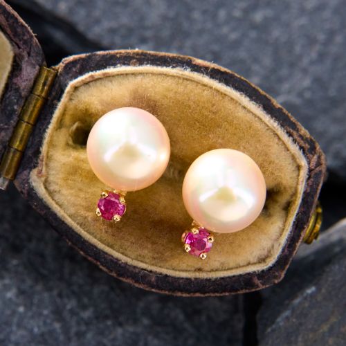 Vintage Akoya Pearl & Ruby Earrings 14K Yellow Gold