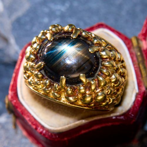 Organically Textured Mens Black Star Sapphire Ring 14K Yellow Gold