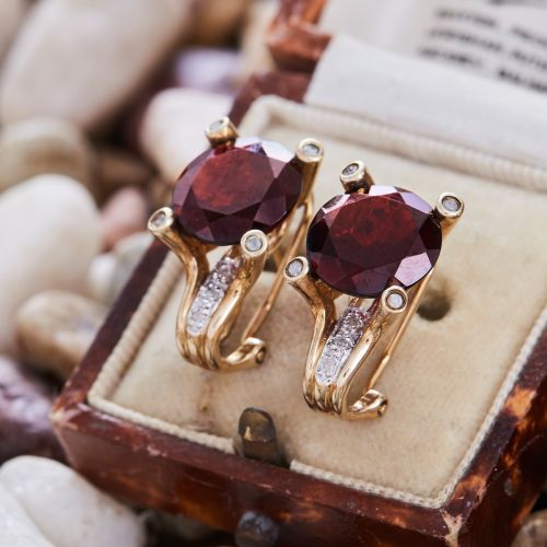 Vintage Round Garnet Earrings w/ Diamond Accents Yellow Gold