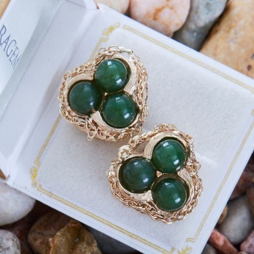 Vintage Nephrite Jade Earrings 14K Yellow Gold 