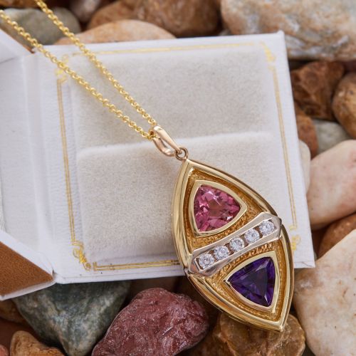 Amethyst, Tourmaline & Diamond Pendant Necklace 18K Yellow Gold