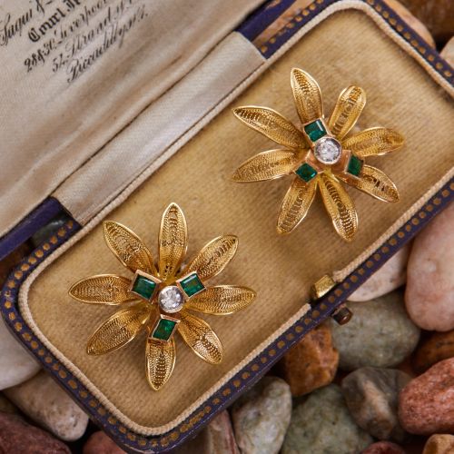 Floral Diamond & Emerald Filigree Earrings 18K Yellow Gold